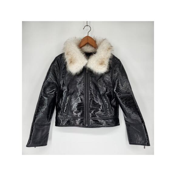 Unreal Fur Black Wet Look Aviator Jacket Faux Leather & Fur Collar Women’s XL - Picture 2 of 9